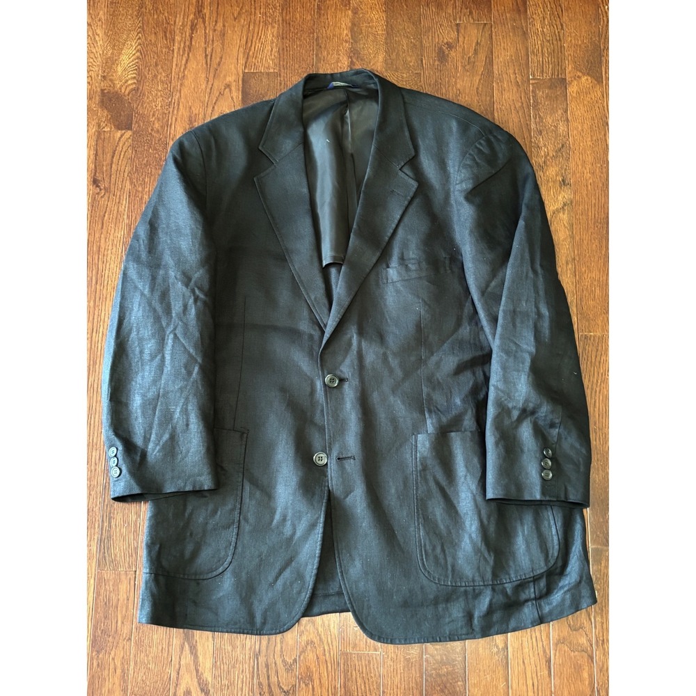 Alan Flusser Mens Black 100% Linen 2-Button Sport Coat Blazer Jacket Large